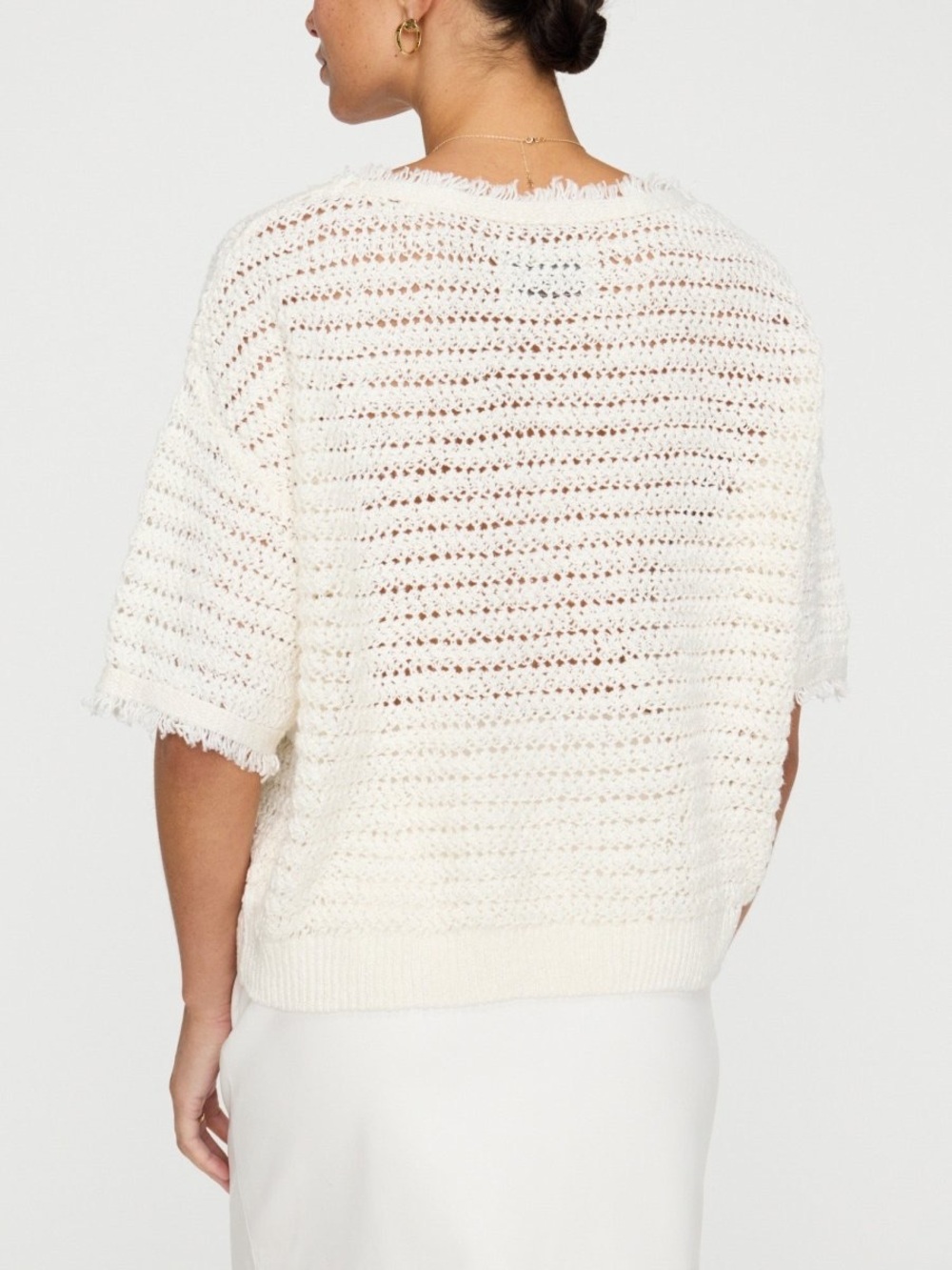 Brochu Walker Simi Fringe Pullover Cream Short-Sleeve Linen Sweater - Picture 4 of 14